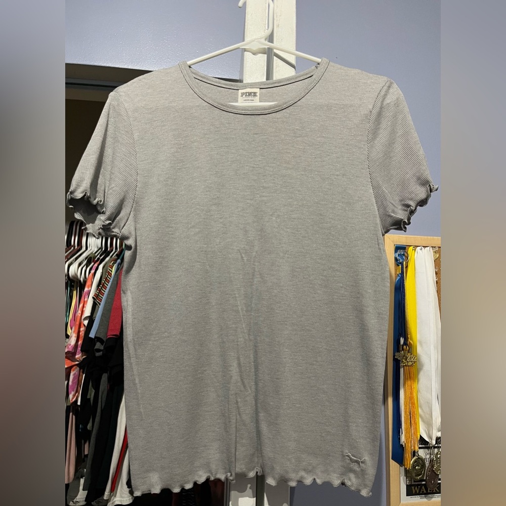 PINK Ribbed Gray Lettuce Trim Shirt